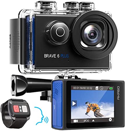 AKASO Brave 6 Plus Native 4K 30FPS 20MP WiFi Action Camera with Touch Screen EIS 8X Zoom Voice Control Remote Control 131 Feet Underwater Camera with 2X 1350mAh Batteries and Helmet Accessories Kit