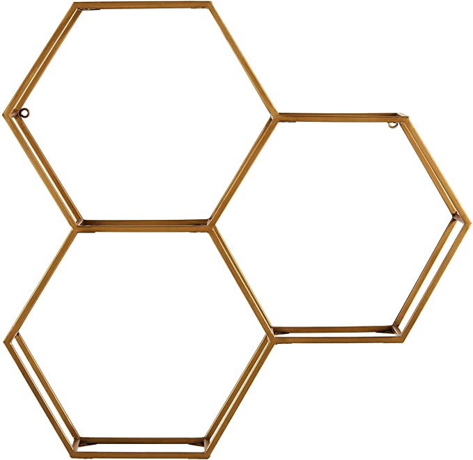 Rivet Modern Hexagon Honeycomb Floating Wall Shelf Unit with Glass Shelves - 28 x 28 x 6 Inch, Gold