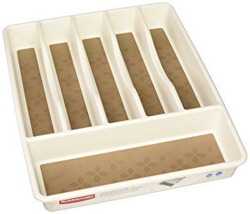 Rubbermaid No-Slip Silverware Cutlery Tray Organizer, Large, White with Tan Base (1994531)