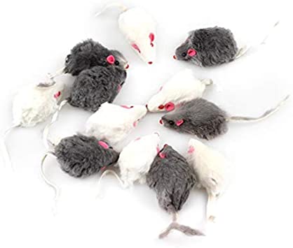 Real Fur Mice Rattle 12 Pack, Cat Toys Rainbow Mice Rabbit Feather for Cats and Kittens