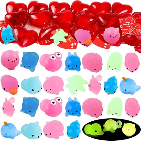 28Pack Valentines Day Gift Cards with Glow in The Dark Mochi Squishies Toys Filled Hearts for Kids Valentine Classroom Exchange, Stress Relief Toys, Valentine Party Favor