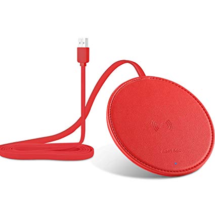 EasyAcc Fast Wireless Charger Pad, 10W Wireless Charging Pad Double Sided PU Leather Red, Flat Desk Induction Qi Phone Charger for 11 Pro iPhone X XS MAX XR 8 Plus, Samsung S10 S9 S8, No AC Adapter