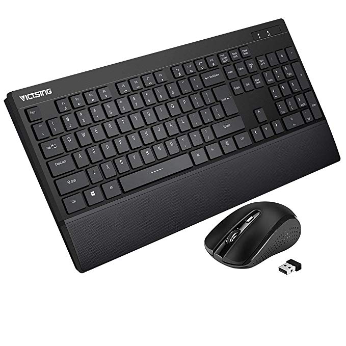 VicTsing Wireless Keyboard and Mouse Combo[Fatigue Reliever], 2.4G Full Size Keyboard with Palm Rest, DPI Adjustable Cordless Mouse, USB Unifying Receiver, for PC Laptop Windows Mac iMac,Black