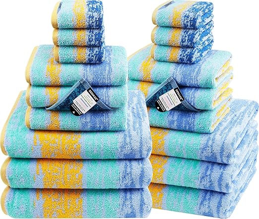 SEMAXE 18-Pack Bath Towel Set Include 6 Bath Towels, 6 Hand Towels, 6 Wash Cloths, 100% Cotton Bathroom Towels with Hanging Loops, Soft & Absorbent Towel, Colorful Towel - The Starry Night Series