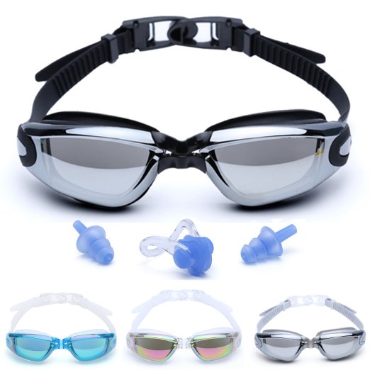Swim Goggles for Men Women Youth UV Anti Fog Adult Swimming Goggles Free Swimming Ear Plugs and Nose Clip Combo Protection Case black