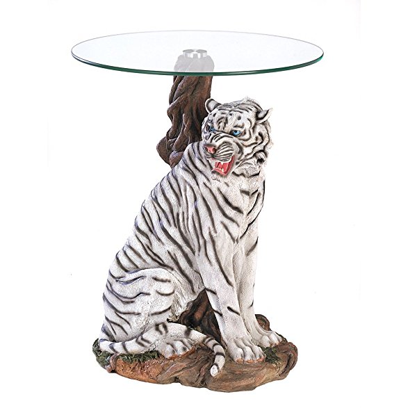 White Tiger Sculptural Base Home Accent Glass Top Table