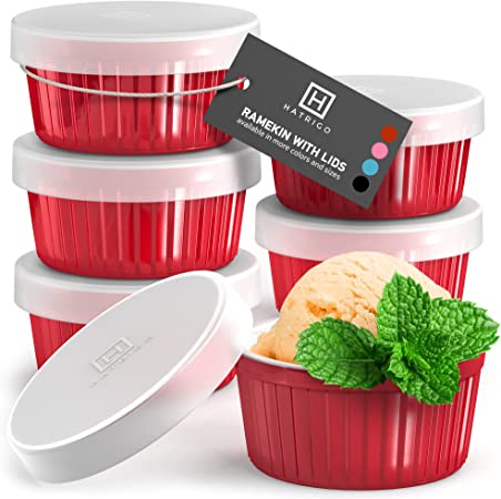 Hatrigo Porcelain Ramekins with Silicone Storage Lids, Set of 6 Red Ramekins, Ramekins 4 oz Oven Safe, 450 deg F, Dishwasher Safe