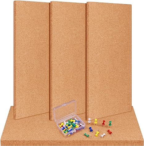TUPARKA 6 Pack Cork Board Wall Bulletin Boards 17"x8" - 1/4" Self-Adhesive Corkboards for Wall with 100 Push Pins Square Bulletin Boards Cork Tiles for Wall Home School Office Decorative