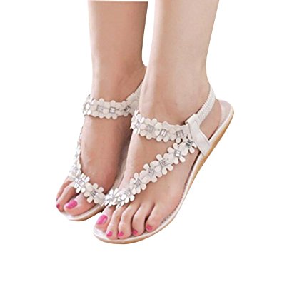 Tenworld Women Summer Bohemia Flat Sandals Flower Beads Beach Flip-flop Shoes