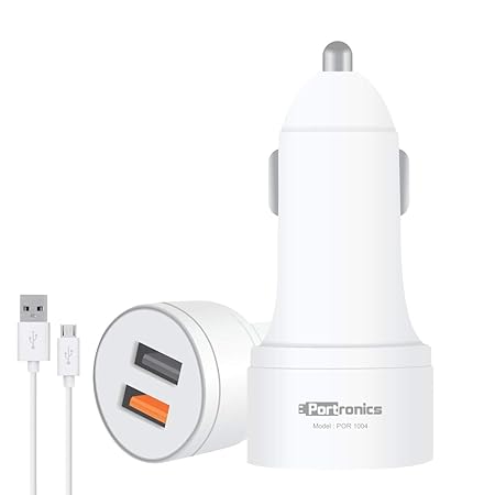 Portronics CarPower QC POR-1004 Dual Port Car Charger with Quick Charge 3.0 Port, a USB Port   Free 1M Micro USB Cable, White