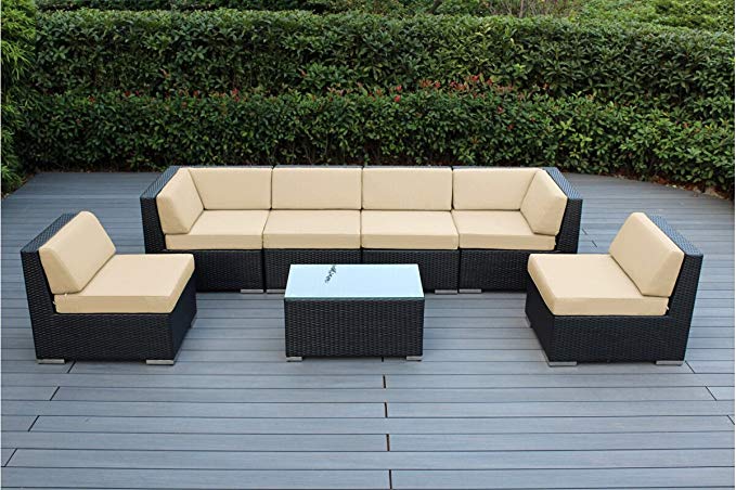 Ohana 7-Piece Outdoor Patio Furniture Sectional Conversation Set, Black Wicker with Beige Cushions - No Assembly with Free Patio Cover