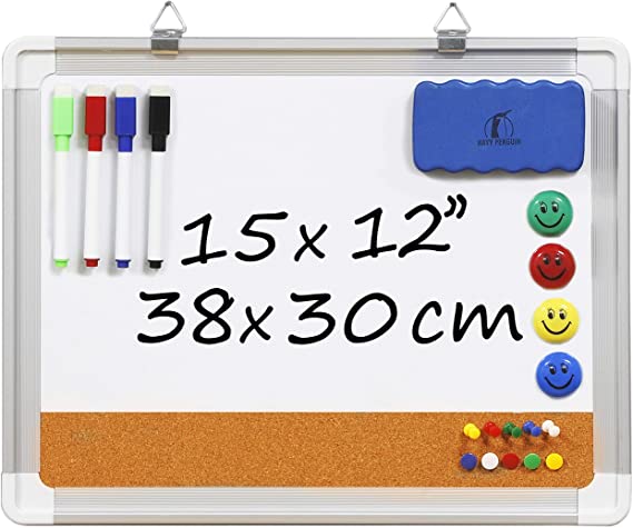 Whiteboard Bulletin Board Set - Dry Erase/Cork Board 15 x 12 in with 1 Magnetic Eraser, 4 Dry Wipe Markers, 4 Magnets and 10 Pins - Small Wall Hanging Notice White Tack Board for Home and Office