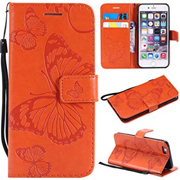 iPhone 6S Wallet Case,iPhone 6S Case with Card Holder,iPhone 6 Leather Flip PU Phone Protective Case Cover with Credit Card Holder Slots for Apple iPhone 6S/6 with Stand,Cute Butterfly Orange