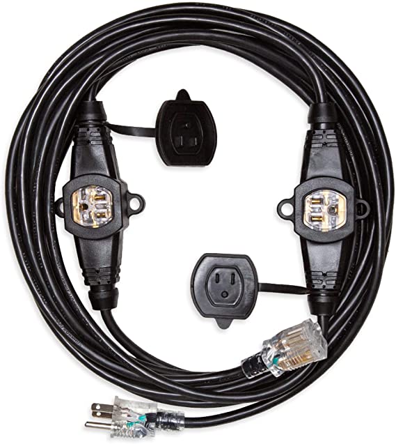 25 Ft Outdoor Extension Cord with 3 Evenly Spaced Lighted Power Outlets - 16/3 SJTW Durable Black Cable, 13 AMP