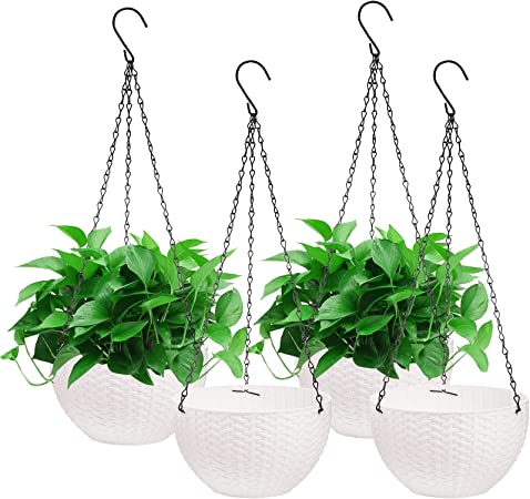 Foraineam 4 Pack 8.2 inch Self-Watering Hanging Planters, Garden Flower Plant Pot Container, Hanging Basket Planter with Drainer and Chain for Indoor Outdoor Use, White