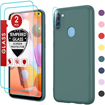 Samsung A11 Phone Case, Galaxy A11 Phone Case with [2 Pack] Tempered Glass Screen Protector & Camera Lens Protector, LeYi Liquid Silicone Soft Microfiber Liner Cover Case for Samsung A11, Green