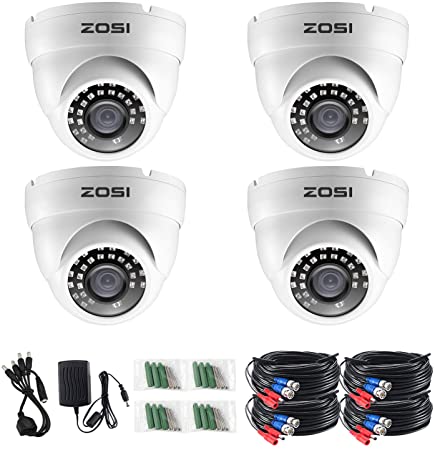 ZOSI 4 Pack 1080P 4-in-1 Security Cameras 2.0MP Waterproof Outdoor Indoor 3.6mm 24PCS Infrared IR Lens Day Night CCTV White Dome Surveillance Cameras Compatible with TVI/CVI/AHD/CVBS DVR