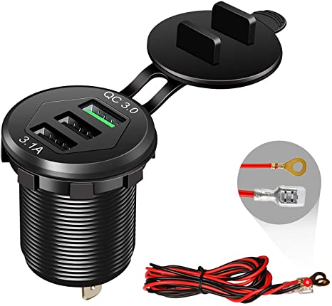 Quick Charge 3.0 Car Charger, 12V/24V 35W QC3.0/2.0 USB Charger Socket, 3 USB Charger Socket Power Outlet Fast Charge with Wire Fuse Aluminum Car Boat Marine ATV Bus Truck Golf Cart and More(Black