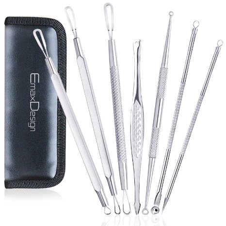EmaxDesign 7 Pieces Blackhead Remover Pimple Acne Extractor Kit - Professional Facial Blemish Treatment Tools For Nose Face Skin Whiteheads Comedones and Zit Removing With Zippered Leather Case