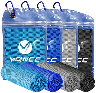 YQXCC Cooling Towel 4 Packs (47"x12") Microfiber Towel Yoga Towel for Men or Women Ice Cold Towels for Yoga Gym Travel Camping Golf Football & Outdoor Sports (Light Blue/Dblue/Light Gray/DGray)