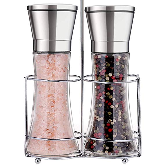 Professional Stainless Steel Salt and Pepper Grinder Set with Stand Manual Spice Adjustable Coarseness with Five Grinding Level Pepper Mill Grinders Shakers Gift Set with Silicone Funnel (Pack of 2)