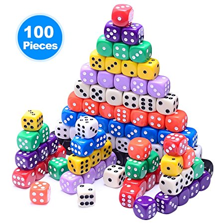 Austor 100 Pieces 6- Sided Dice Set, 10 x 10 Different Colors 16mm Acrylic Dice with Free Velvet Pouches for Tenzi, Farkle, Yahtzee, Bunco or Teaching Math