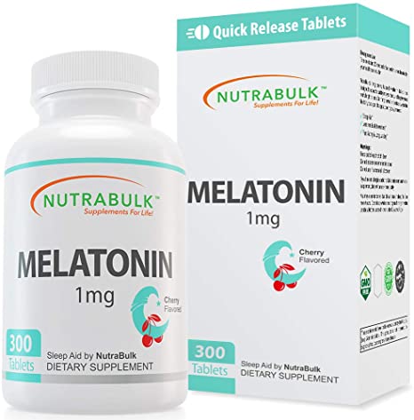 NutraBulk Melatonin - 1 mg Quick Release Nighttime Sleep Aid for Kids and Adults - 300 Chewable Tablets - Cherry Flavored