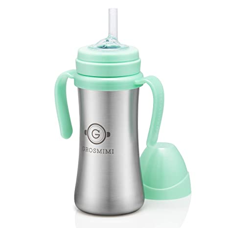 Grosmimi Vacuum Insulated Sippy Cup with Straw with Handle for Baby and Toddlers, Stainless 6 oz (Aqua Green)