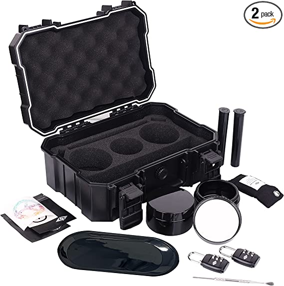 DUIDO Large Waterproof Box Combo with Lock, 2PC 100 mL Airtight UV Jar, Charcoal Bag, 2 Odorless Resealable Bags and 2 Doob Tubes with Accessories