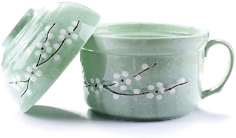Japanese Style Soup Bowls with Lid and Handle, Microwave for Instant Noodle, Cereal Bowls, Cherry Blossoms Snowflake Pattern (Green)