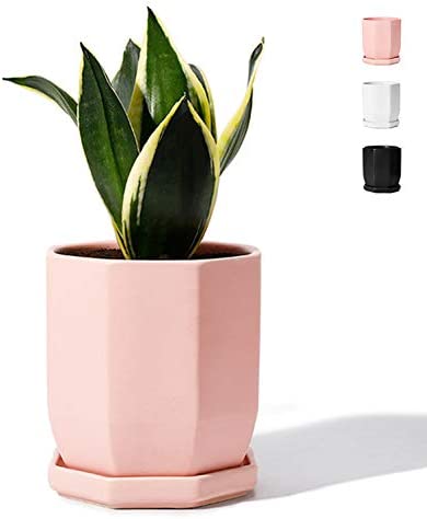 POTEY Geometric Ceramic Plant Pot Pink - 4.9 Inch Planter for Indoor Plants Flower Succulent with Drainage Hole & Saucer(Plant NOT Included)