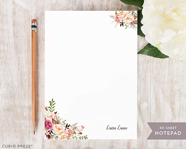 PAINTED FLORALS I NOTEPAD - Personalized Elegant Pretty Pink Flower Stationery/Womens Stationary To-do list Note Pad Jotter