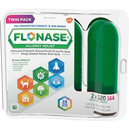 Flonase 24hr Allergy Relief Nasal Spray, Full Prescription Strength, 288 sprays (Twinpack of 144 sprays)
