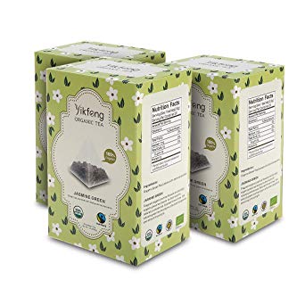 Yikfong Organic Tea Jasmine Green, 60 Tea Bags( 20 Bags Per Box), Classic Green Tea Scented with Real Organic Jasmine Blossoms in Triangle Filter Tea Bag