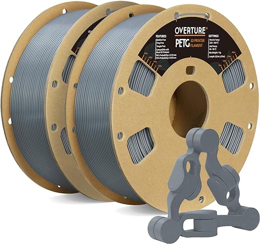 OVERTURE PETG Filament 1.75mm, 3D Printer Consumables, 2kg Filament (4.4lbs), Dimensional Accuracy 99% Probability +/- 0.02 mm, Fit Most FDM Printers (Light Gray (2-Pack))