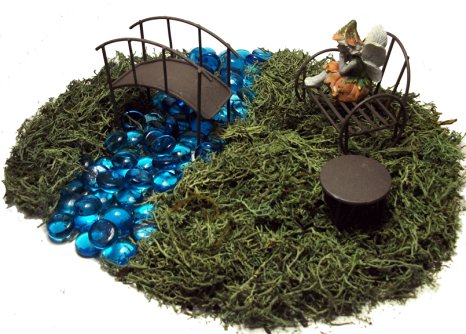 Fairy Garden Kit - Includes Fairy, Bench, Table, Bridge, Blue Glass Stones, Moss and Instructions
