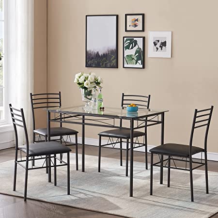 VECELO Kitchen Dining Room Table and Chairs [4 Placemats Included] 5-Piece Dinette Sets, Space Saving (Black)