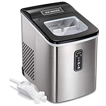 AGLUCKY Countertop Ice Maker Machine Stainless Steel Covers, Portable Automatic Ice Maker,26lbs/24hr,9pcs S/L Size Ice Cube Ready in 6-13 Mins,1.5lbs Ice Storage with Ice Scoop,Indicator Function