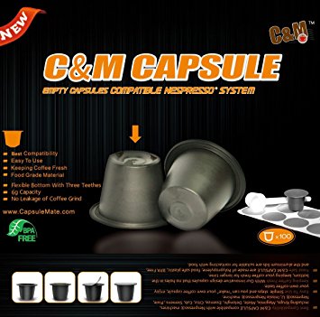 C&M 02 - 100pcs Black Color New Empty Capsule Compatbile All Include The Lastest Nespresso Machines (Fillable Tea or Coffee)  100pcs CM Lids (Self Adhesive Aluminium Lid) (Black)
