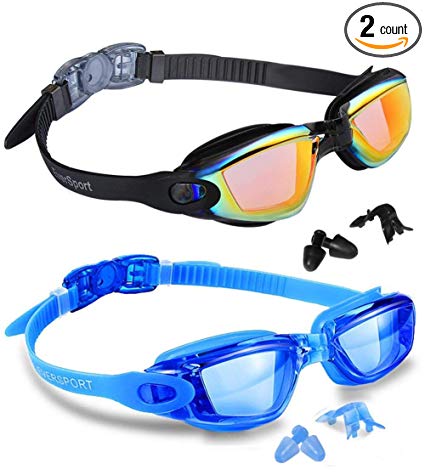 EverSport Swim Goggles, Pack of 2 Swimming Goggles, Swim Glasses No Leaking Anti Fog UV Protection for Adult Men Women Youth Kids Child, Shatter-Proof, Watertight, Triathlon Goggle Mirrored/Clear Lens