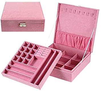 First to act tactical Two-Layer lint Jewelry Box Organizer Display Storage case with Lock (Pink, 10.2" x 10.2" x 3.2")