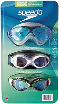 Speedo Junior Goggles Set of 3 Anti Fog UV Protect Latex Free Easy Adjust (Blue, White and Black)