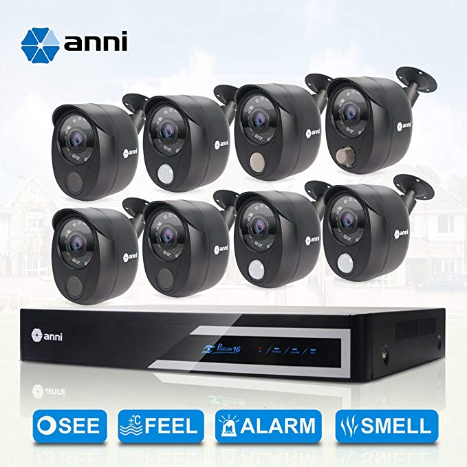 anni 16-Channel Security Camera System 1080N Digital Video Recorder and 8 x 1080p Wired Infrared Cameras, Built-in Gas Sensor Alarm, PIR Body Detection, Siren Sounds
