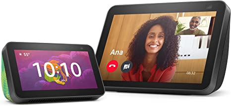 Echo Show 8 (2nd Gen, 2021 release) | Smart display with Alexa - Charcoal   Echo Show 5 (2nd Gen, Kids) - Chameleon