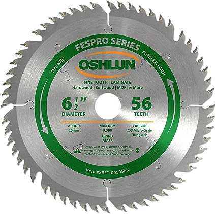 Oshlun SBFT-065056K 6-1/2-Inch 56 Tooth FesPro Thin Kerf ATAFR Saw Blade with 20mm Arbor for DeWalt DWS520 and Makita SP6000