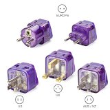 Yubi Power 2 in 1 Universal Travel Adapter with 2 Universal Outlets - Built in Surge Protector - CE Approved  RoHS Compliant - 5 Adapter World Pack - Type EF G B I C for United States Of America USA Canada Mexico France Germany Spain United Kingdon UK Ireland Hong Kong Japan Australia China and many more - Purple