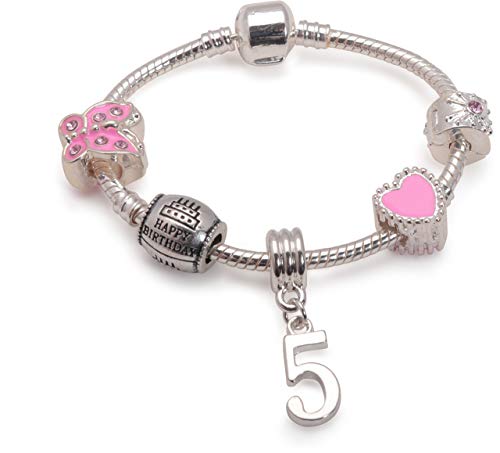 Liberty Charms Childrens Pink Happy 5th Birthday Silver Plated Charm Bracelet. with Gift Box