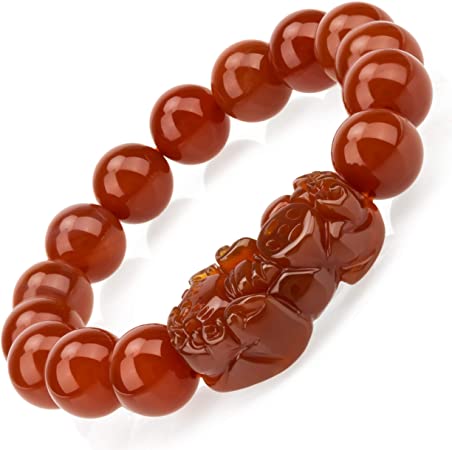 Fengshui Prosperity Feng Shui 10mm Red Agate Beads Elastic Bracelet with Pi Xiu/Pi Yao Attract Wealth and Good Luck