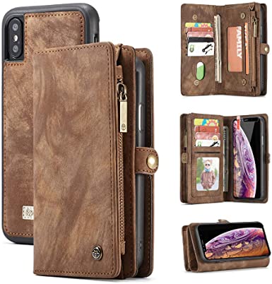 Zttopo iPhone XR Wallet Case, 2 in 1 Leather Zipper Detachable Magnetic 11 Card Slots Card Slots Money Pocket Clutch Cover with Free Screen Protector for 6.1 Inch iPhone Cases -Brown