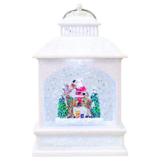 LED Santa On Reindeer Lantern White Glitter 9 inch Acrylic Holiday Snow Globe